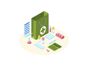 Drugstore bag with prescription list isometric illustration preview picture