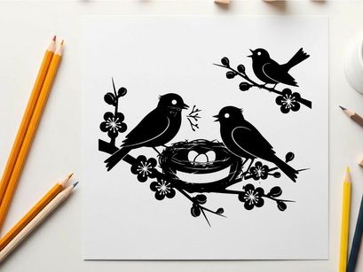 Silhouette of birds in nest with cherry blossoms silhouette