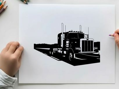 Semi truck silhouette driving on highway road with white background