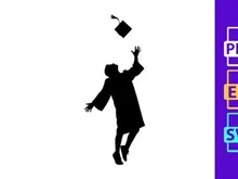 Graduate throwing cap in air, silhouette, graduation celebration