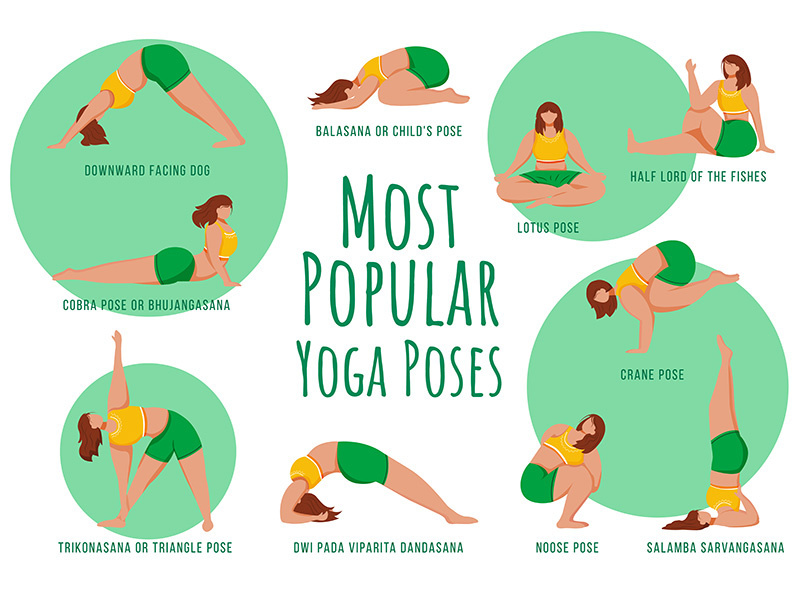 Popular yoga poses green vector infographic template