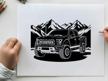 Silhouette of a ford f 150 truck in front of mountains