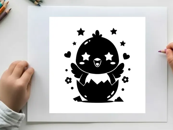 Silhouette of a cute cartoon chick hatching with stars and hearts