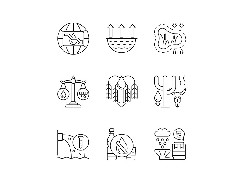 Water resources lacking linear icons set