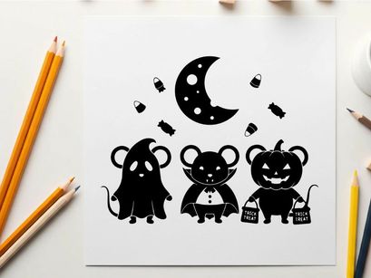 Halloween silhouette of three mice and a crescent moon