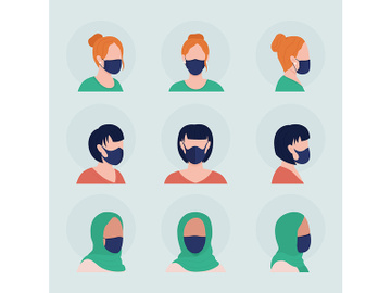 Women with black masks flat color vector character avatar set preview picture