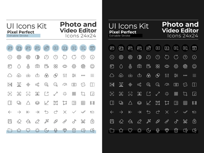 Photo and video editor tools pixel perfect linear ui icons set