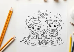Children planting tree together flat design vector illustration