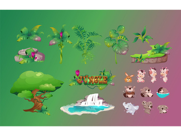Jungle flora and fauna cartoon vector objects set preview picture