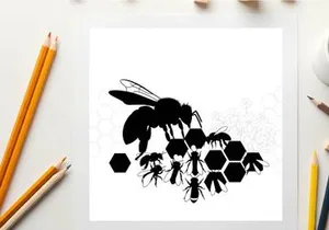 Silhouette of bees and ants on honeycomb pattern