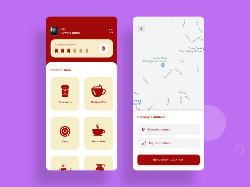 Dashboard and Find place concept screens for Coffee app