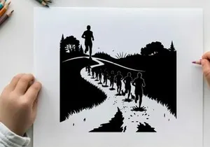 Silhouette of a lone runner leading a group on a path