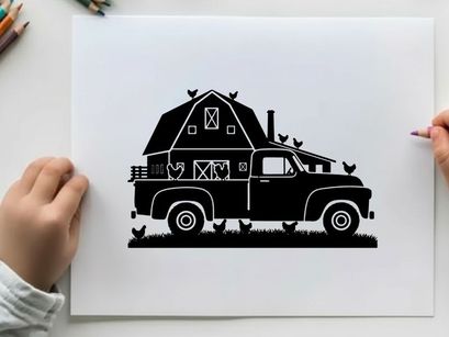 Silhouette of a vintage truck and barn with chickens
