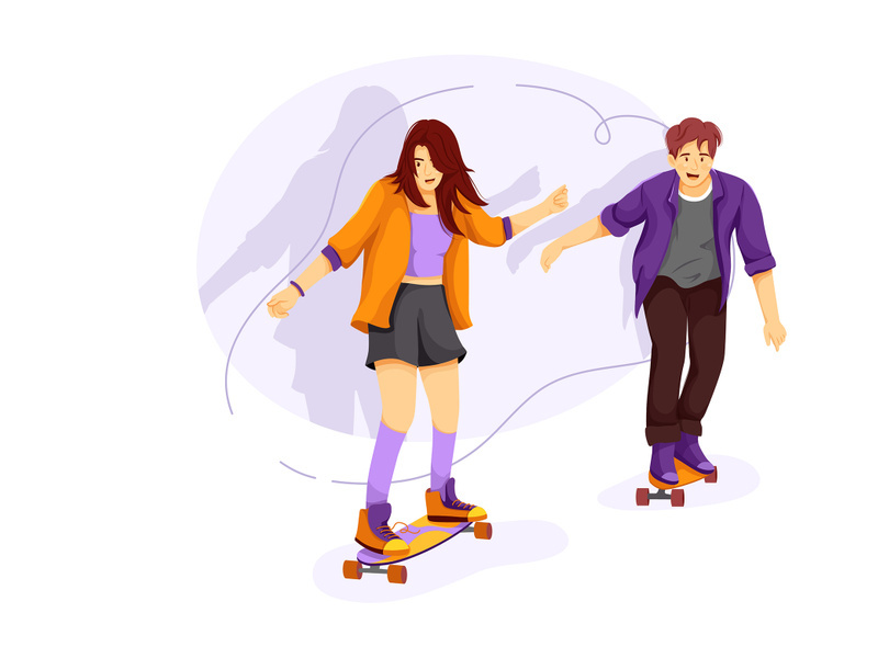 School girl and boy skate boarding at street
