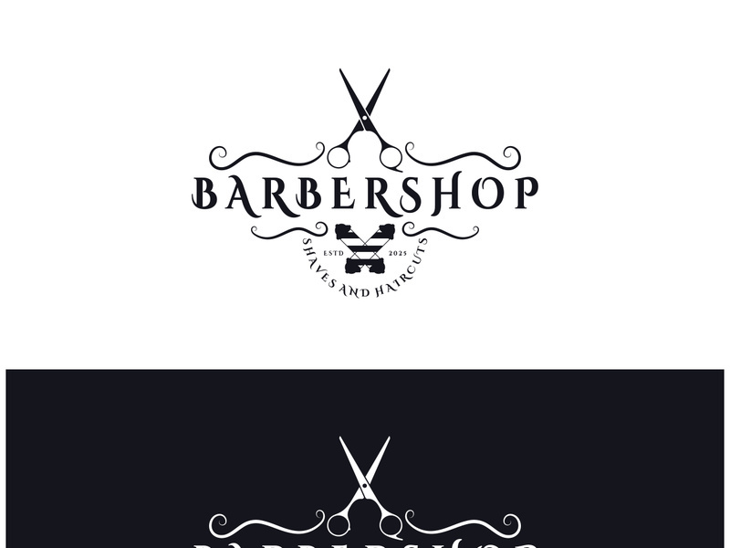 Barbershop logo vintage, retro, haircut, shaving, with scissors, shaving pole, comb, razor. for business, emblems, labels, barber shops, badges.