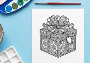 Christmas gift box with ornate floral patterns and a large decorative bow line art.
