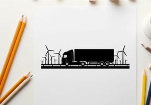 Truck silhouette driving past wind turbines on a sunny day