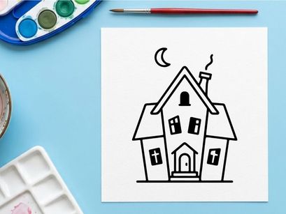 Simple house illustration with crescent moon. Minimalist line art home under night sky for design projects.