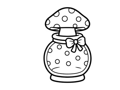 Cute cartoon mushroom jar with polka dots and bow. Whimsical toadstool container for Halloween or fantasy decor.