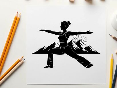 Silhouette of woman in yoga pose with mountain range silhouette