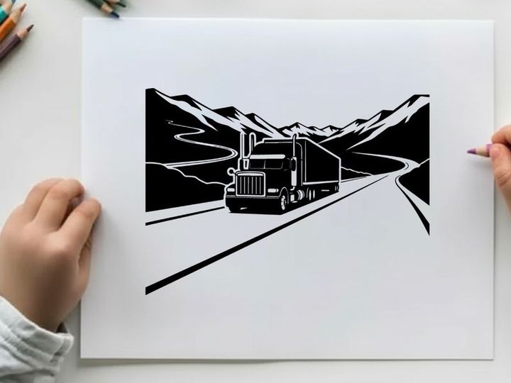 Truck driving through mountains in black and white silhouette