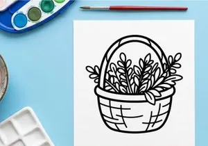 Hand-drawn Halloween basket filled with autumn leaves. Whimsical woven trick-or-treat container holding fall foliage for seasonal decor.
