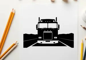 A silhouette of a semi truck driving down a highway at night