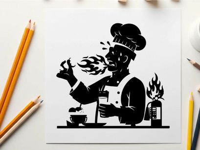 Silhouette of a chef cooking with flames and utensils