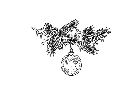 Weihnachtskugel an einem Tannenzweig, festliche Linienkunst-Illustration für die Feiertage.