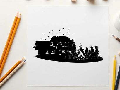 Silhouette of a pickup truck at a campfire with friends