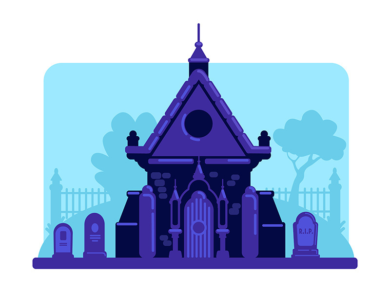 Old stone vault in cemetery flat color vector illustration