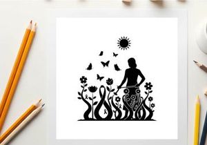 Woman silhouette standing in a garden with butterflies and flowers under the sun silhouette