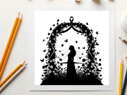 Silhouette of a woman standing in a floral archway with butterflies