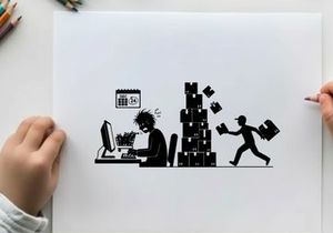 Frustrated office worker beside a silhouette of a man running with papers