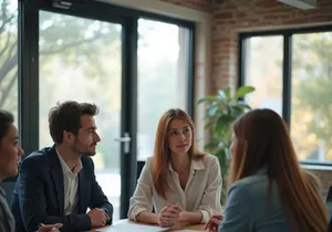 A diverse group of professionals meet around a table.