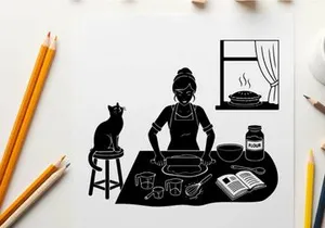 Woman baking with cat silhouette by her side at home