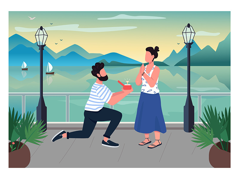 Romantic proposal flat color vector illustration