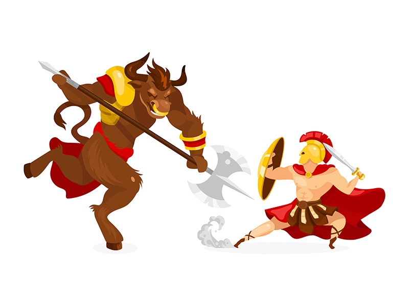 Theseus and Minotaur flat vector illustration