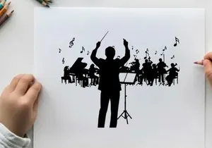 Silhouette of conductor leading an orchestra in music performance