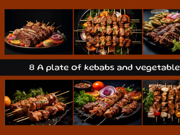 A plate of kebabs and vegetables with a black background preview picture