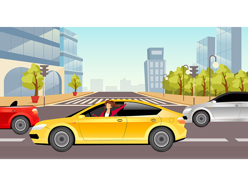 Girl driving sedan flat color vector illustration