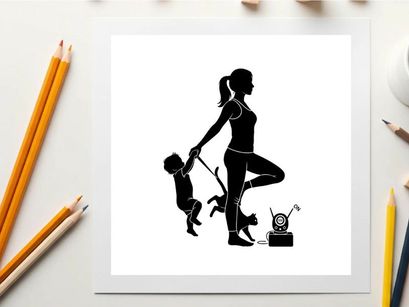 Silhouette of woman balancing child and dog while exercising