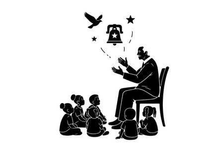 Silhouette of a man telling stories to children with a silhouette