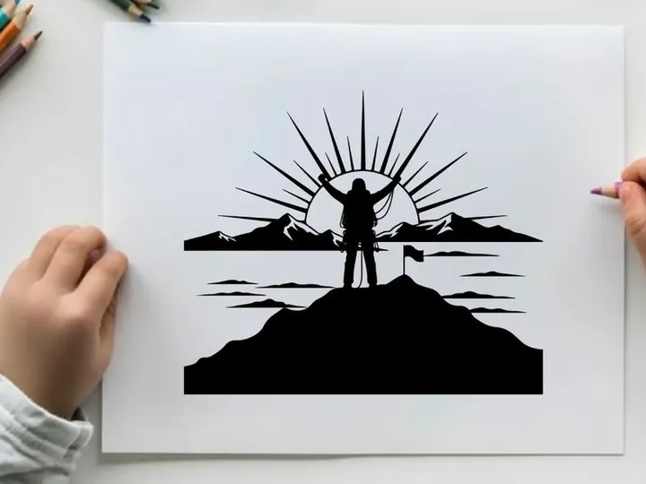 Silhouette of a person standing on a mountain at sunrise