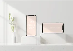 Mockup Template Smartphone is on the white marble podium