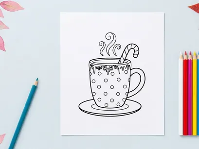 Ilustrasi cangkir kopi bergambar tangan dengan uap dan hiasan permen tongkat untuk desain liburan meriah