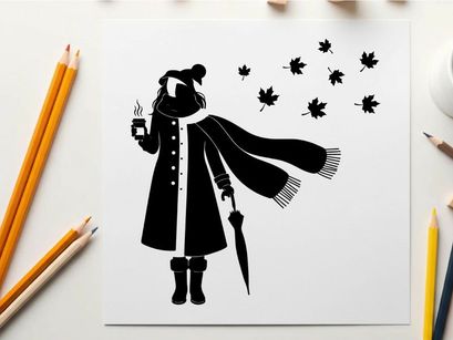 Silhouette of a person in winter clothes holding umbrella