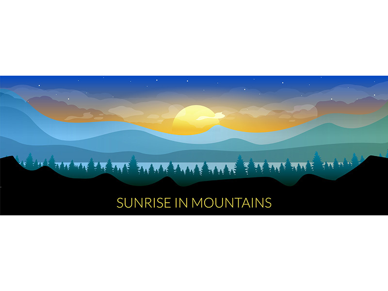 Sunrise in mountains flat color vector banner template