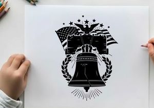 Liberty bell silhouette with american flags and eagle