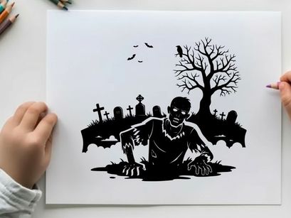 Silhouette of a zombie rising from a spooky graveyard